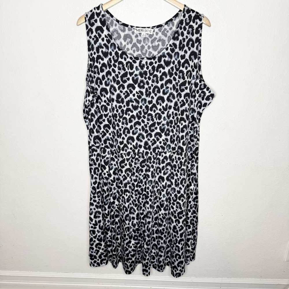 Meri Skye Sleeveless‎ Blue Black Leopard Print Stretch Dress Twee Women's 3X